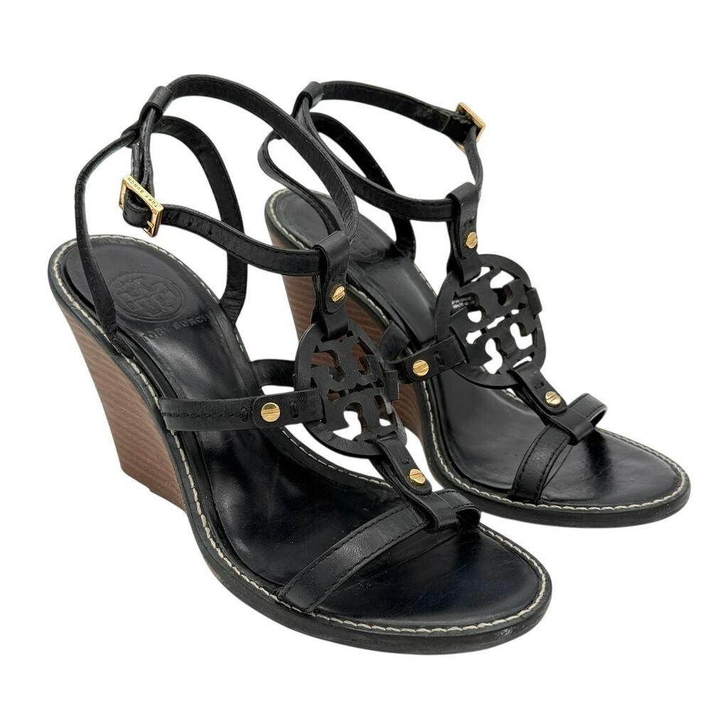 Tory Burch Leather Wedge Sandals Black Cutout Gold Studs Size 8M Summer Resort